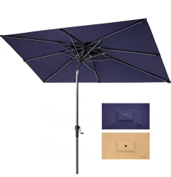 10' Navy Polyester Rectangular Tilt Market Patio Umbrella With Stand