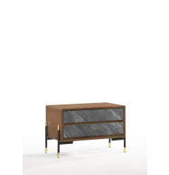 Mid Century Walnut and Gray Faux Marble Two Drawer Nightstand