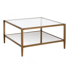 32" Gold Glass And Steel Square Coffee Table With Shelf