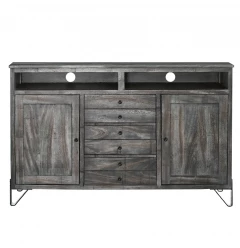 60" Gray Solid Wood Cabinet Enclosed Storage Distressed TV Stand