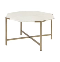 33" White And Gold Genuine Marble And Metal Octagon Coffee Table