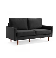 alt=Black velvet dark brown sofa with comfortable rectangular cushions and wooden accents