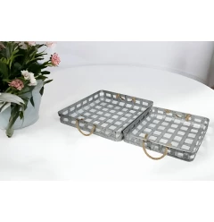 rectangular metal handmade trays with rope handles on table with flowers and plants