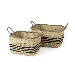 striped wicker storage baskets with handles in beige rectangular design