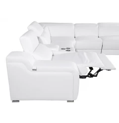 White Italian Leather Power Reclining Curved Eight Piece Corner Sectional With Console