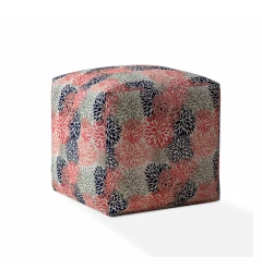17" Coral Polyester Floral Pouf Ottoman