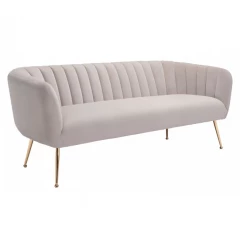 Beige gold polyester sofa with comfortable cushions and wooden flooring background