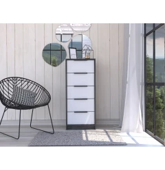 White manufactured wood five drawer chest for bedroom storage