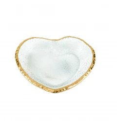 8" Mouth Blown Seeded Glass Heart Plate with Gold Rim