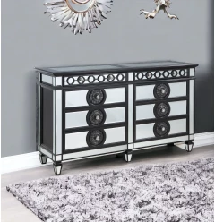 68" Black and Silver Solid and Manufactured Wood Mirrored Eight Drawer Double Dresser