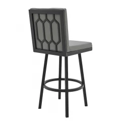 26" Gray And Black Faux Leather And Iron Swivel Counter Height Bar Chair