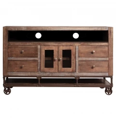 62" Brown Solid Wood Cabinet Enclosed Storage Distressed TV Stand