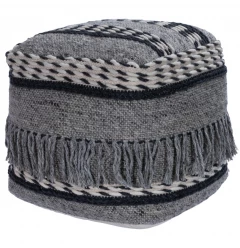 Gray pouf ottoman with woolen pattern and creative arts design