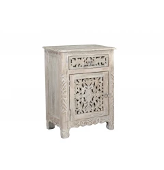 30" Distressed White One Drawer Floral Carved Solid Wood Nightstand