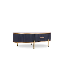 47" White And Gold Stone And Stainless Steel Oval Coffee Table With Drawer