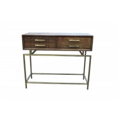 36" Brown and Brass Solid Wood Distressed Frame Console Table With Storage