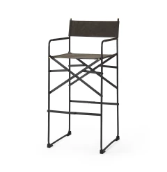 30" Brown And Black Leather And Metal Bar Chair