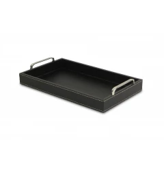Black Faux Leather Tray with Metal Handles