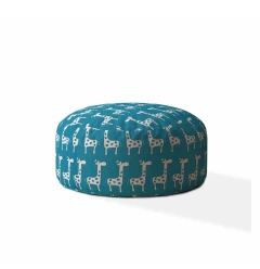 24" Blue and White Cotton Round Giraffe Pouf Ottoman