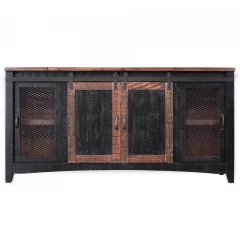 68" Black Solid Wood Cabinet Enclosed Storage Distressed TV Stand