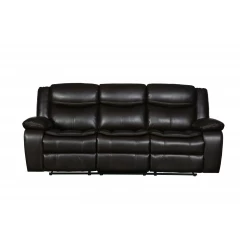 Brown black Italian leather sofa with wood accents and comfortable design