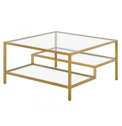32" Gold Glass And Steel Square Coffee Table With Two Shelves