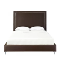 Espresso Solid Wood King Upholstered Faux Leather Bed with Nailhead Trim