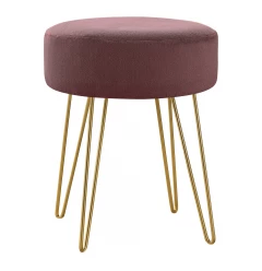 14" Plum Velvet And Gold Round Ottoman