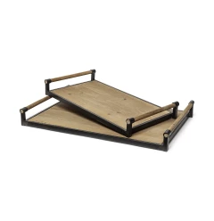 matte black metal frame handles trays on wooden table