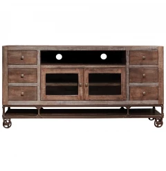 76" Brown Solid Wood Cabinet Enclosed Storage Distressed TV Stand