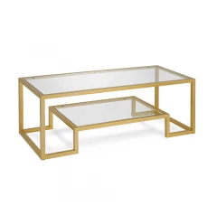 45" Gold Glass And Steel Coffee Table With Shelf