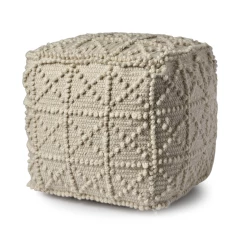 Ivory Wool Sqaure Pouf With Popcorn Detail