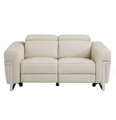 65" Beige And Silver Italian Leather Power Reclining Loveseat