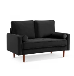 57" Black And Dark Brown Velvet Loveseat and Toss Pillows