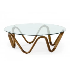 45" Clear And Brown Glass And Solid Wood Round Coffee Table