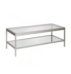 45" Clear Glass And Silver Steel Coffee Table With Shelf