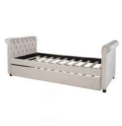 Twin Tufted Beige Upholstered Polyester Blend Bed With Trundle