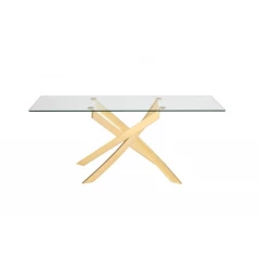 63" Clear And Gold Rectangular Glass And Stainless Steel Dining Table