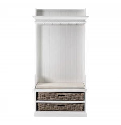 white entryway coat rack bench with storage baskets and metal hooks