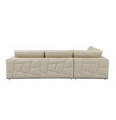 Brown leather reclining L-shaped corner sectional sofa with wood accents and comfortable beige cushions