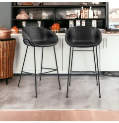 Set of Two 30" Black Faux Leather and Steel Low Back Bar Height Bar Chairs