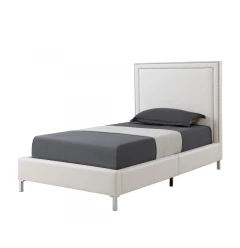 White Solid Wood Full Upholstered Faux Leather Bed with Nailhead Trim