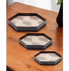 natural black hexagon trays on wooden table