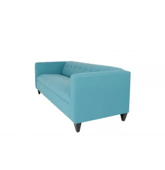 Teal blue polyester dark brown sofa with comfortable rectangle armrests and electric blue accents