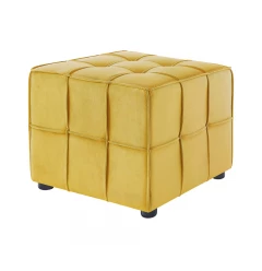 22" Yellow Velvet And Black Cube Ottoman