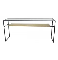 72" Clear Black and Gold Glass Sled Console Table With Shelves