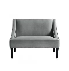 45" Light Gray And Black Upholstered Linen Bench