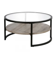 34" Black Glass And Steel Round Coffee Table With Shelf