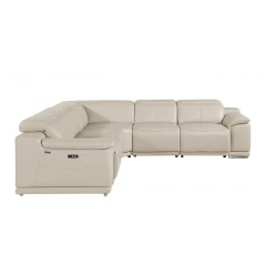 Beige Italian Leather Power Reclining U Shaped Five Piece Corner Sectional With Console