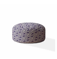 24" Purple and White Cotton Round Damask Pouf Ottoman